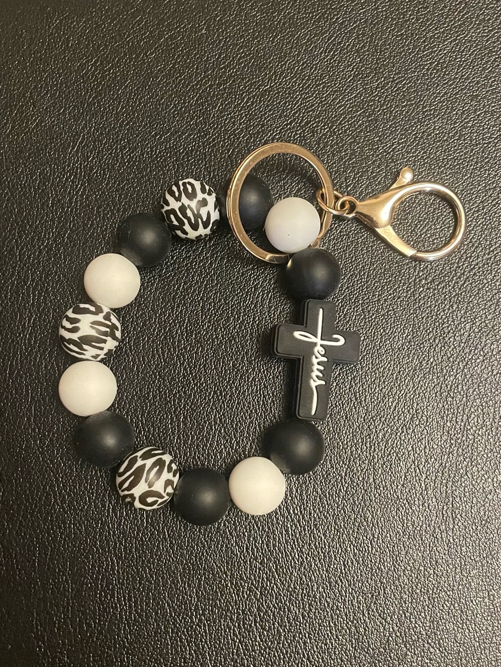 Black & White Beaded Cross Keychain Wristlet